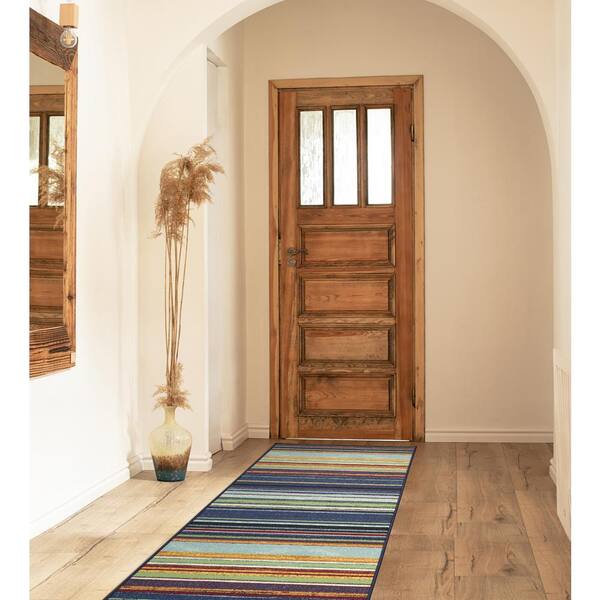 Rubber Backed Runner Rug, Border Striped, Non Slip, Kitchen Rugs and Mats