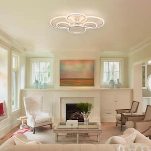31 in. White Modern Integrated LED 6 Rings Circle Semi- Flush Mount Ceiling Light with Remote Control for Living Room