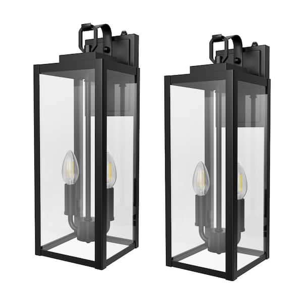 2-Pack Black Lantern Outdoor Wall Sconce with Motion Sensor and Clear Glass, E26 Base, IP23, No Bulbs Included