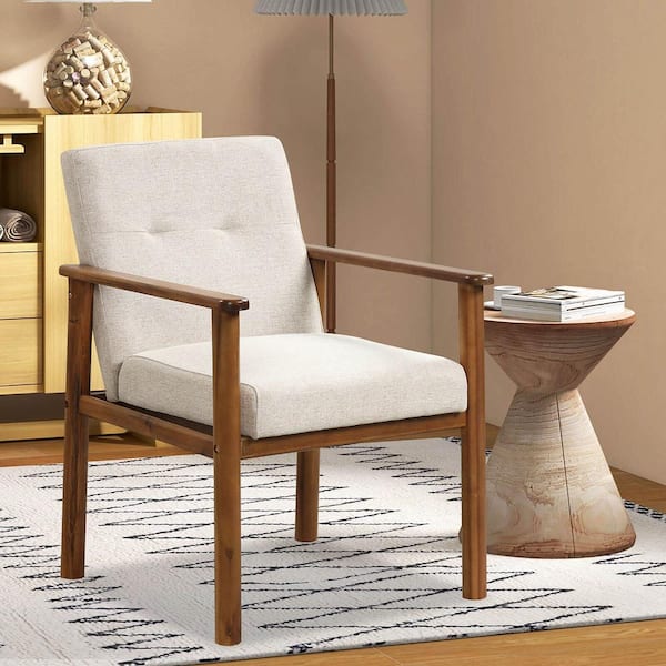 Modern Accent Chair Upholstered Linen Fabric Armchair with Solid Wood Legs