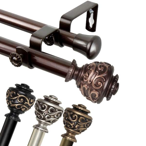 120 in. to 170 in Adjustable 13/16 Dia Double Curtain Rod in Antique Brass with Diana Finials