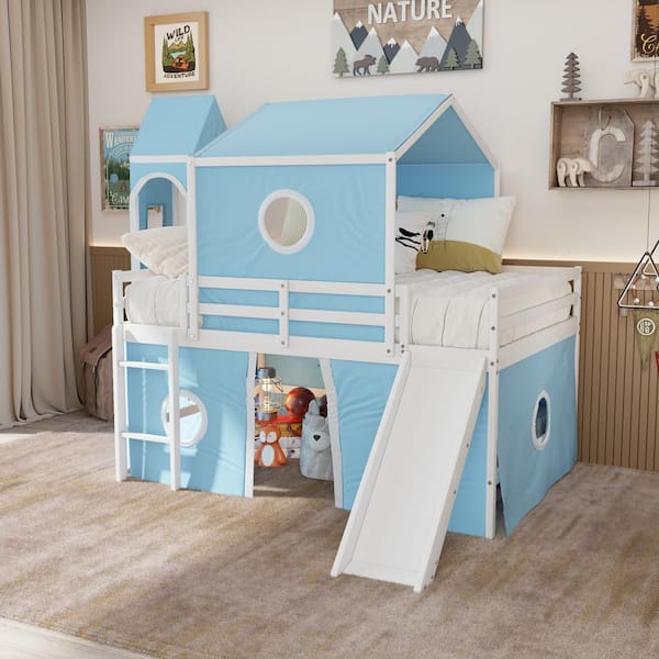 Polibi Blue Full Size Bunk Bed with Slide Blue Tent and Tower