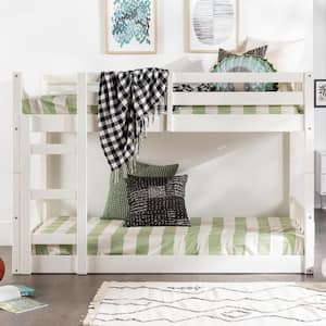 White Solid Wood Modern Twin Bunk Bed with Integrated Ladder
