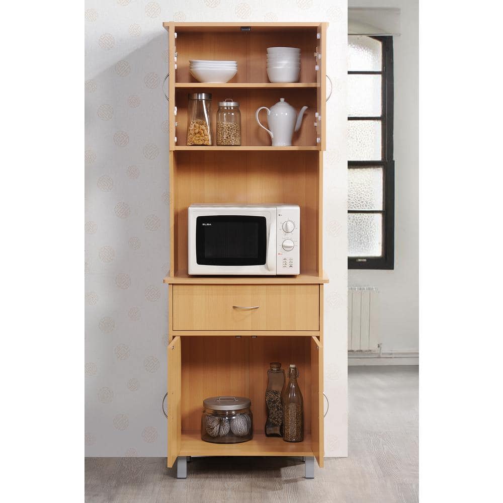 Elegant Cherry Wood Kitchen China Cabinet with Microwave Shelf and Storage