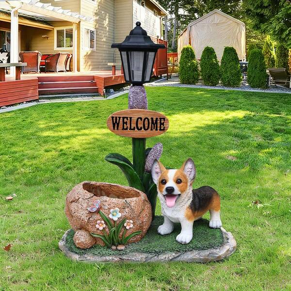 GOGEXX Brown 15.35 in. x 20 in. Resin Corgi Dog Planter Garden