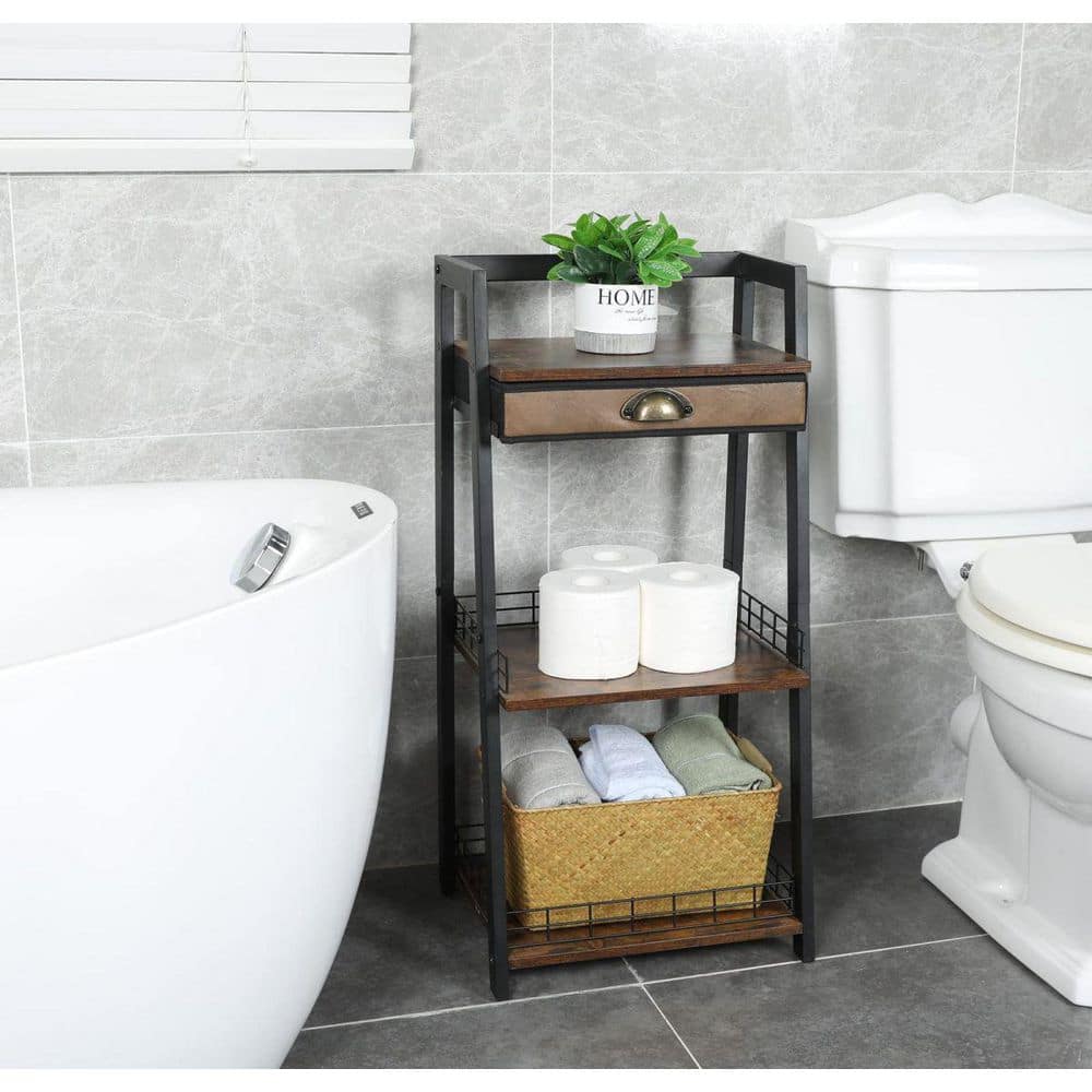Rustic Brown 3-Tier Freestanding Ladder Shelf with Drawer