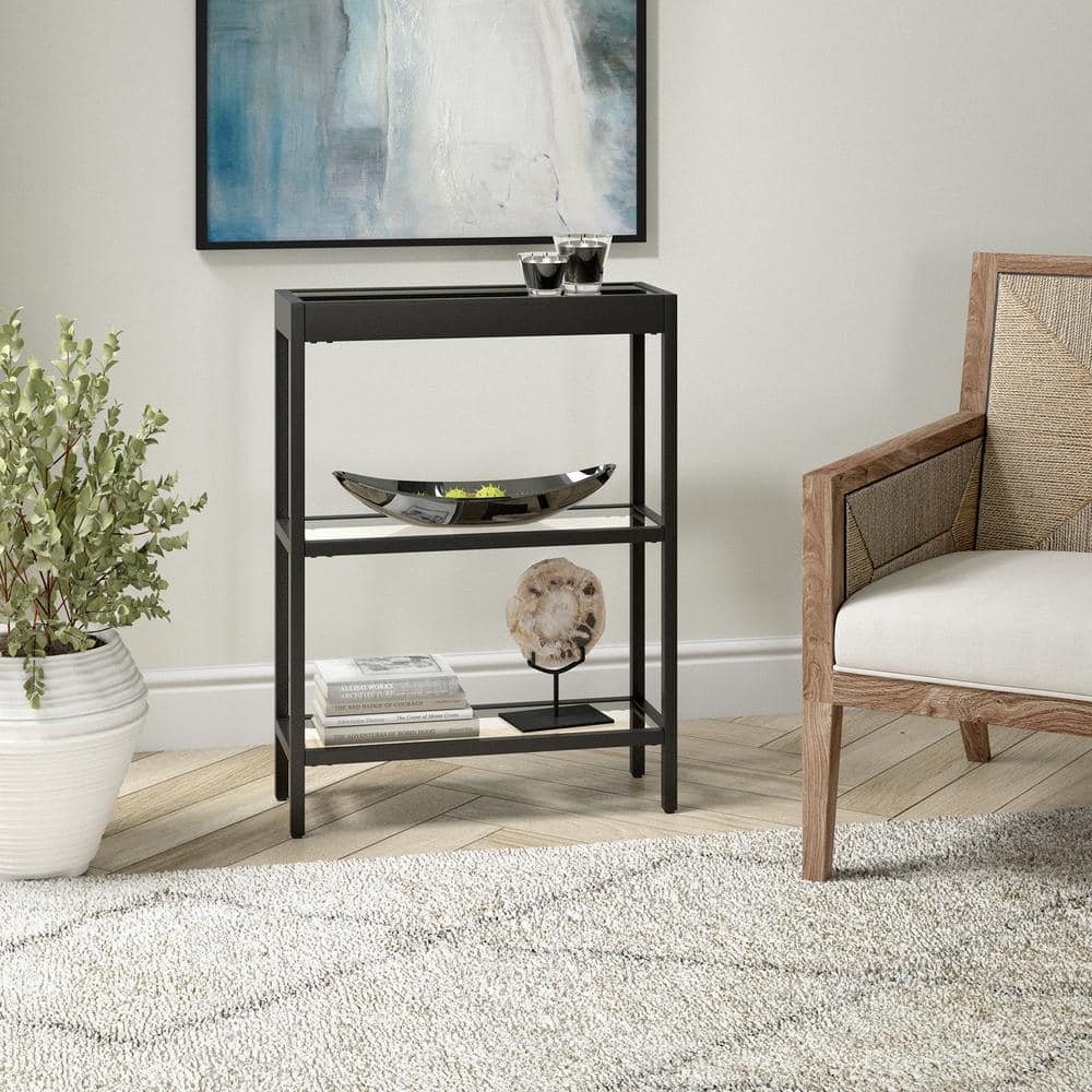 Sleek Blackened Bronze and Tempered Glass Console Table with Storage