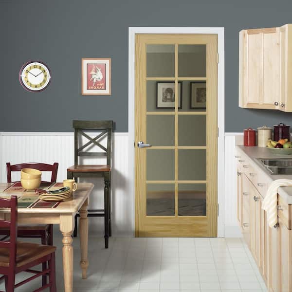 32 in. x 80 in. Left Handed Unfinished Pine Wood Clear Glass 10 Lite True Divided Single Prehung Interior Door