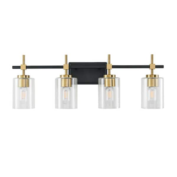 29.3 in. 4 Light Matte Black Paint/Gold Plating Vanity Light with Clear Ribbed Galss Shade