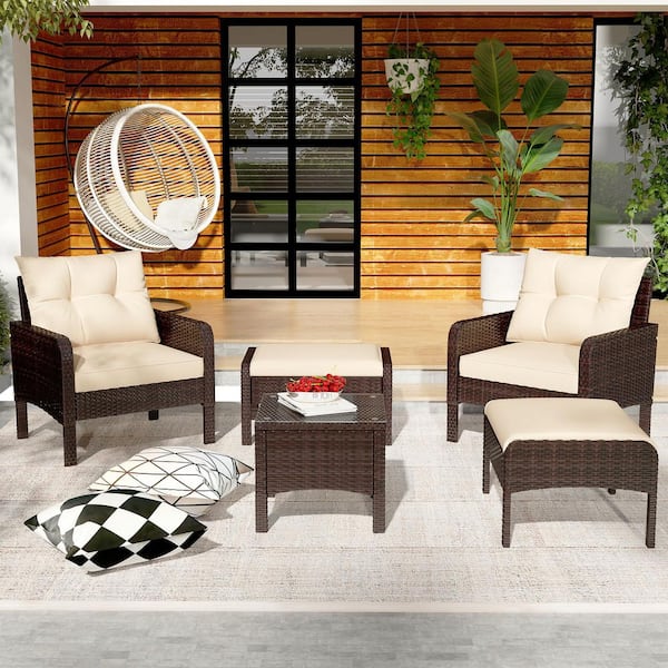 5 Pieces Patio Furniture Set, PE Rattan Wicker Chairs with Ottoman and Table in Beige Cushions