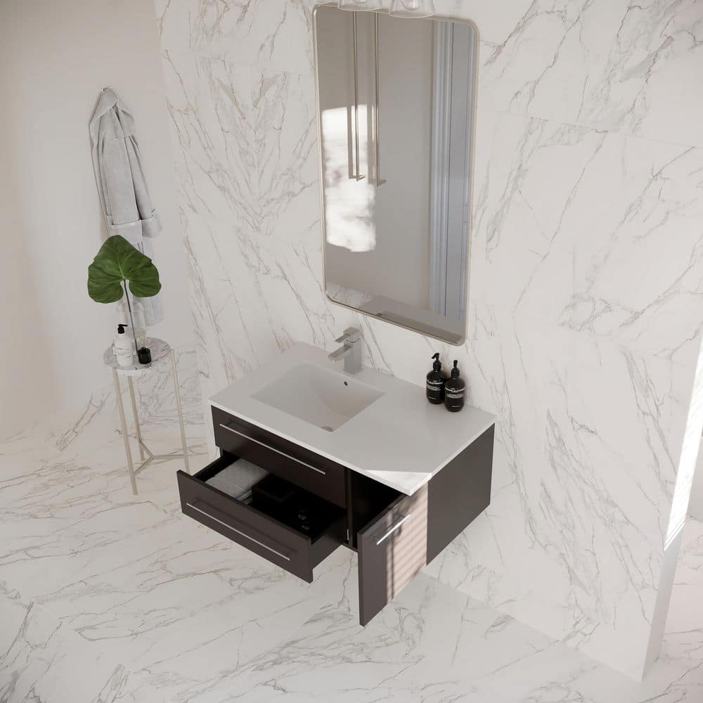 Espresso 36" Wall-Mounted Single Sink Vanity with Quartz Top