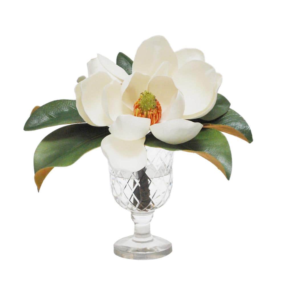 11 in. White Indoor Artificial Magnolia Bouquet in Vase