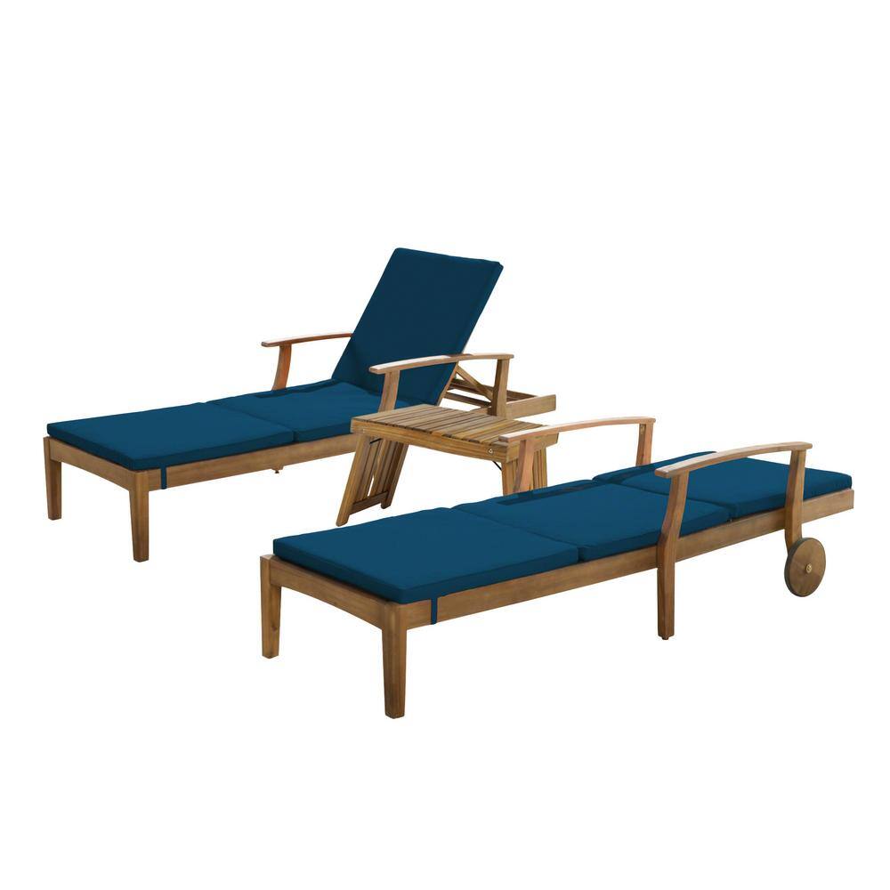 Teak Brown and Blue 5-Piece Outdoor Chaise Lounge Set