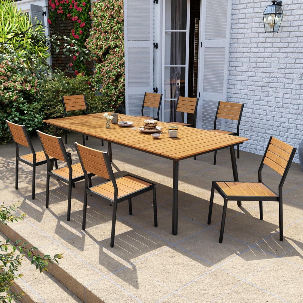 9-Piece Aluminum Outdoor Dining Set with Umbrella Hole and Stacking Armless Chairs, Brown price history on PriceWatchPro