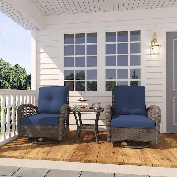 INMITOM 3-Piece Patio Wicker Conversation Set with Blue Cushions and Side Table - Swivel, Rock, and Relax in Style