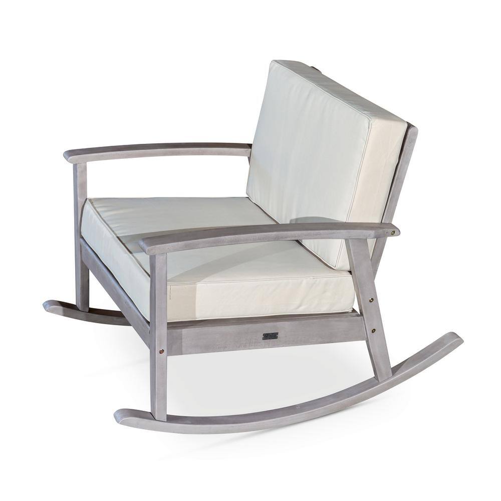 Silver Gray Finish Eucalyptus Wood Outdoor Rocking Chair with Sand White Cushion for Garden, Patio, Poolside, Backyard price history on PriceWatchPro