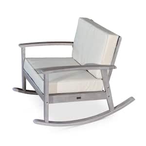 Silver Gray Finish Eucalyptus Wood Outdoor Rocking Chair with Sand White Cushion for Garden, Patio, Poolside, Backyard