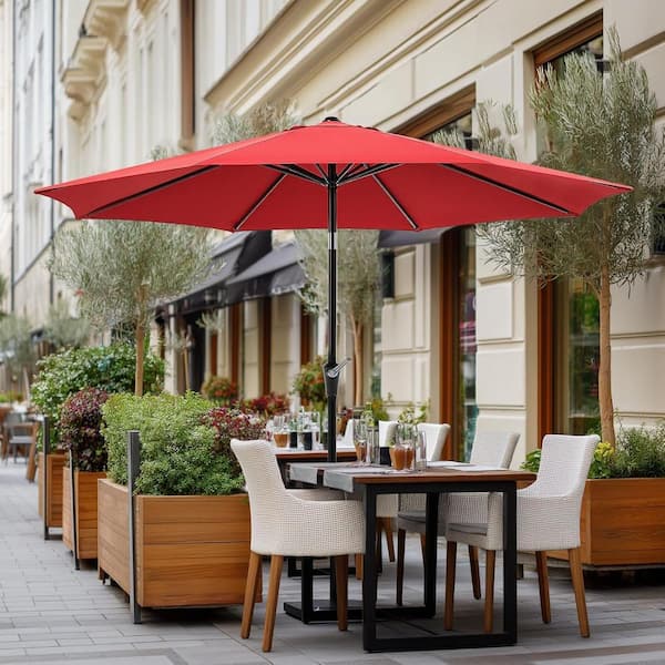 9 ft steel crank and tilt patio umbrella in cafe Yangming 9 ft. Steel Push Button Tilt and Crank Patio Umbrella Waterproof Market Umbrella with 8-Sturdy Ribs for Garden in Red