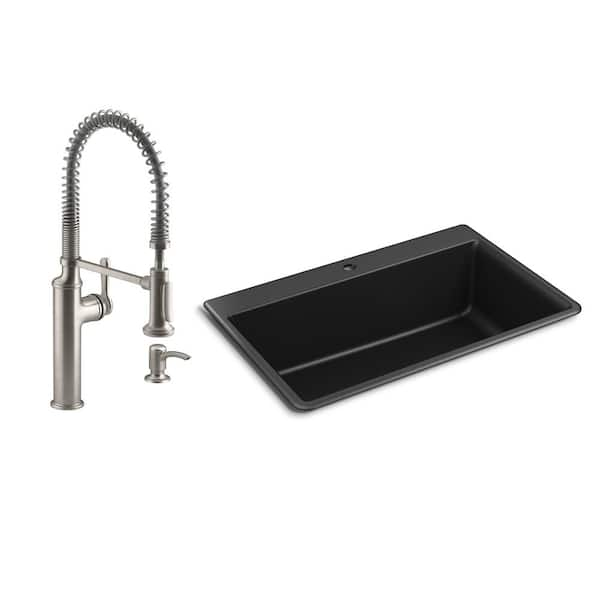 KOHLER Kennon Drop-in/Undermount Granite Composite 33 in. Single Bowl Kitchen Sink with Sous Kitchen Faucet in Matte Black