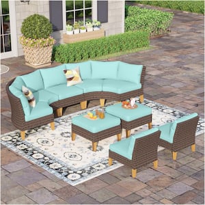 Brown Rattan Wicker 9 Seat 9-Piece Steel Patio Outdoor Sectional Set with Blue Cushions