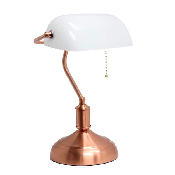 Simple Designs 14.75 in. Rose Gold Banker's Lamp with Glass Shade