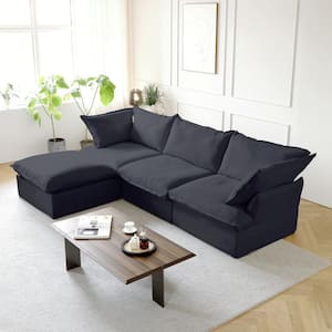 123 in. Overstuffed Linen Flannel Modular 3-Seat 30% Down Filled Sofa Free Combination Sectional with Ottoman, Black