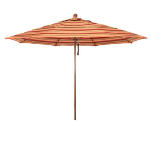 11 ft. Woodgrain Aluminum Commercial Market Patio Umbrella Fiberglass Ribs and Pulley Lift in Astoria Sunset Sunbrella
