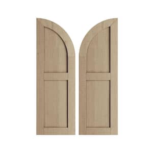 15 in. x 60 in. Polyurethane Rough Cedar Two Equal Flat Panel w/Quarter Round Arch Top Faux Wood Shutters Primed Tan