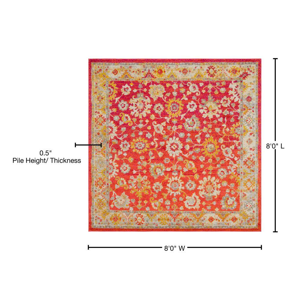 Rust Red Floral Square Stain-Resistant Synthetic Rug