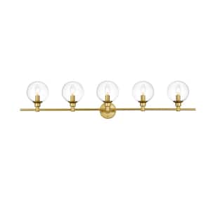 Simply Living 47 in. 5-Light Modern Brass Vanity Light with Clear Round Shade