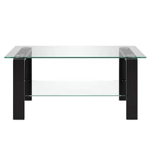 40 in. Black Rectangle Glass Coffee Table with Shelves;Storage