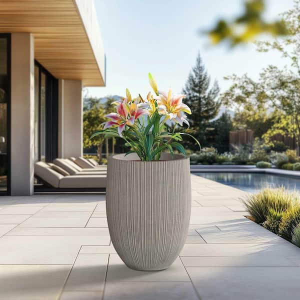 17 in. Large Light Gray (Enhanced Interior) Concrete Round Planter / Pot with Drainage Holes