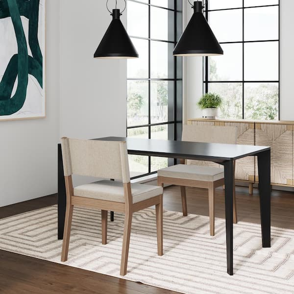 Linus 19 in. Modern Upholstered Dining Chair with Solid Wood Wire-Brushed Legs, Natural Flax/Brown, Set of 2