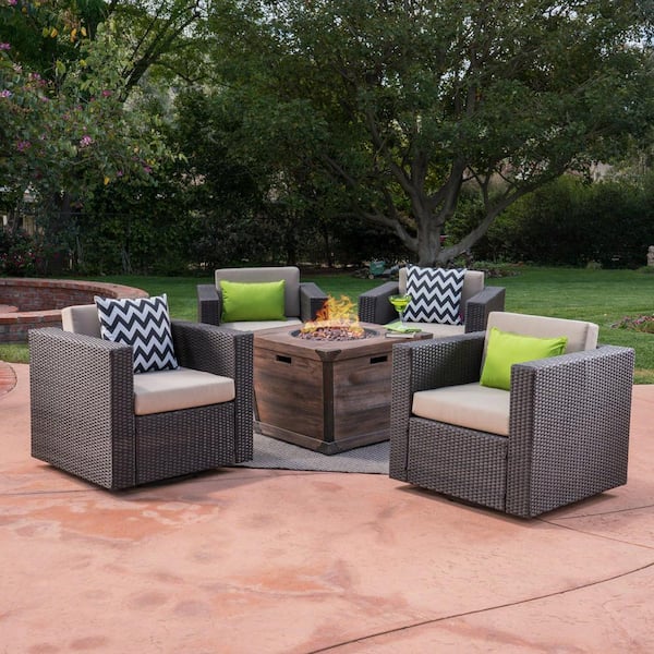 Noble House Maaroaro Dark Brown 5-Piece Faux Rattan Patio Fire Pit Conversation Set with Beige Cushions