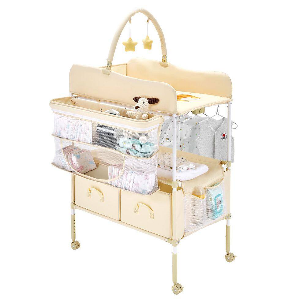 Baby Changing Table, Foldable Diaper Change Station with 2 Fabric Drawers, Side Basket & Hanging Rod, Light Beige price history on PriceWatchPro