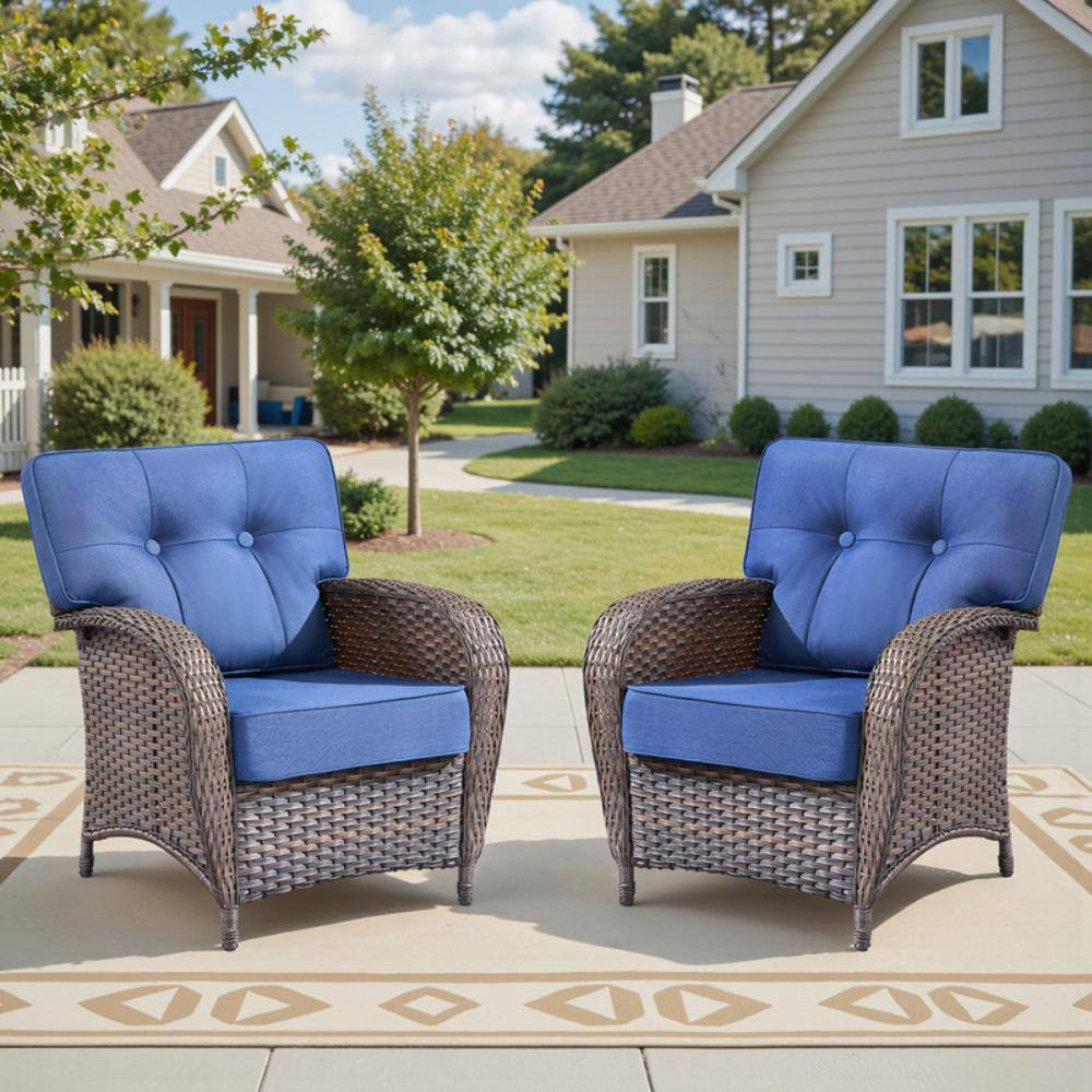 Tidalis 2-Piece Brown Wicker High Back Patio Club Chair Outdoor Lounge Chair with 5 in. Thick Blue Cushions For Porch, price history on PriceWatchPro