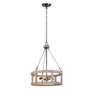 Farmhouse 3-Light Black Wood Drum Cage Chandelier for Dining Room, Kitchen, Foyer, with No Bulb Included