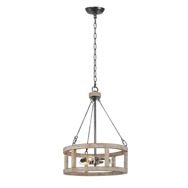 LOUGHEED DECOR INC Farmhouse 3-Light Black Wood Drum Cage Chandelier for Dining Room, Kitchen, Foyer, with No Bulb Included