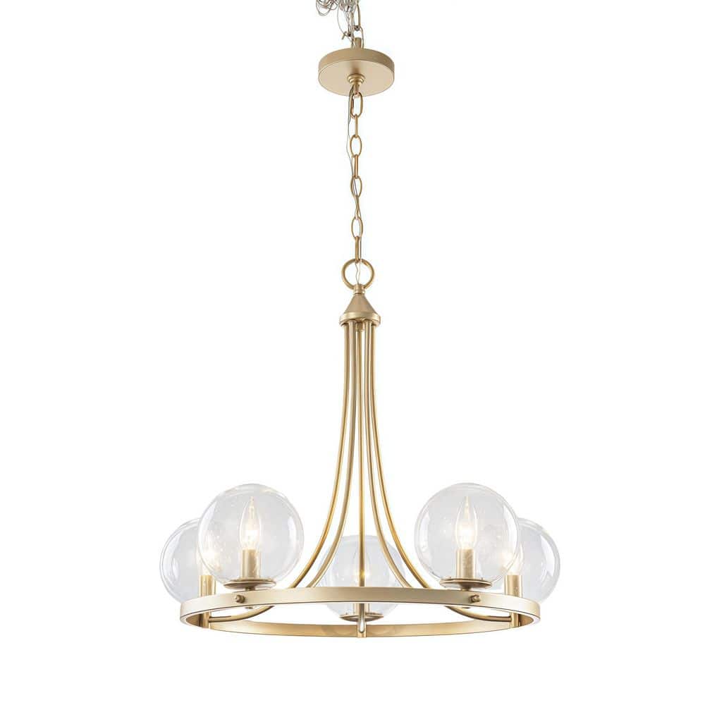 Corin 24.4 in. 5-Light Brushed Gold Wagon Wheel Transitional Chandelier with Clear Glass Globes price history on PriceWatchPro