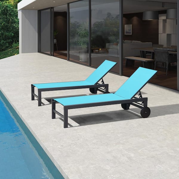 Textilene Fabric and Metal Frame Outdoor Chaise Lounge with Wheels for Patio, Beach, Yard, Pool