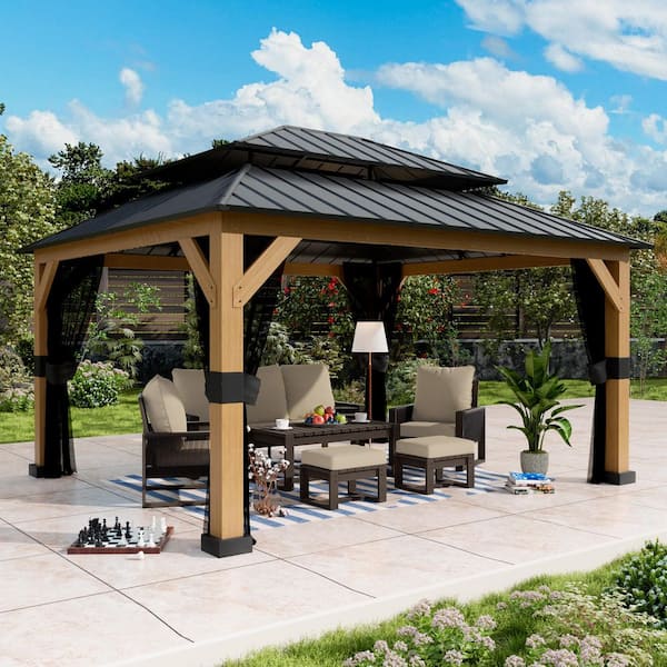 11 ft. x 13 ft. Outdoor Patio Wood Framed Gazebo with Double Hardtop Steel Slope Roof and Mosquito Net, Ceiling Hook