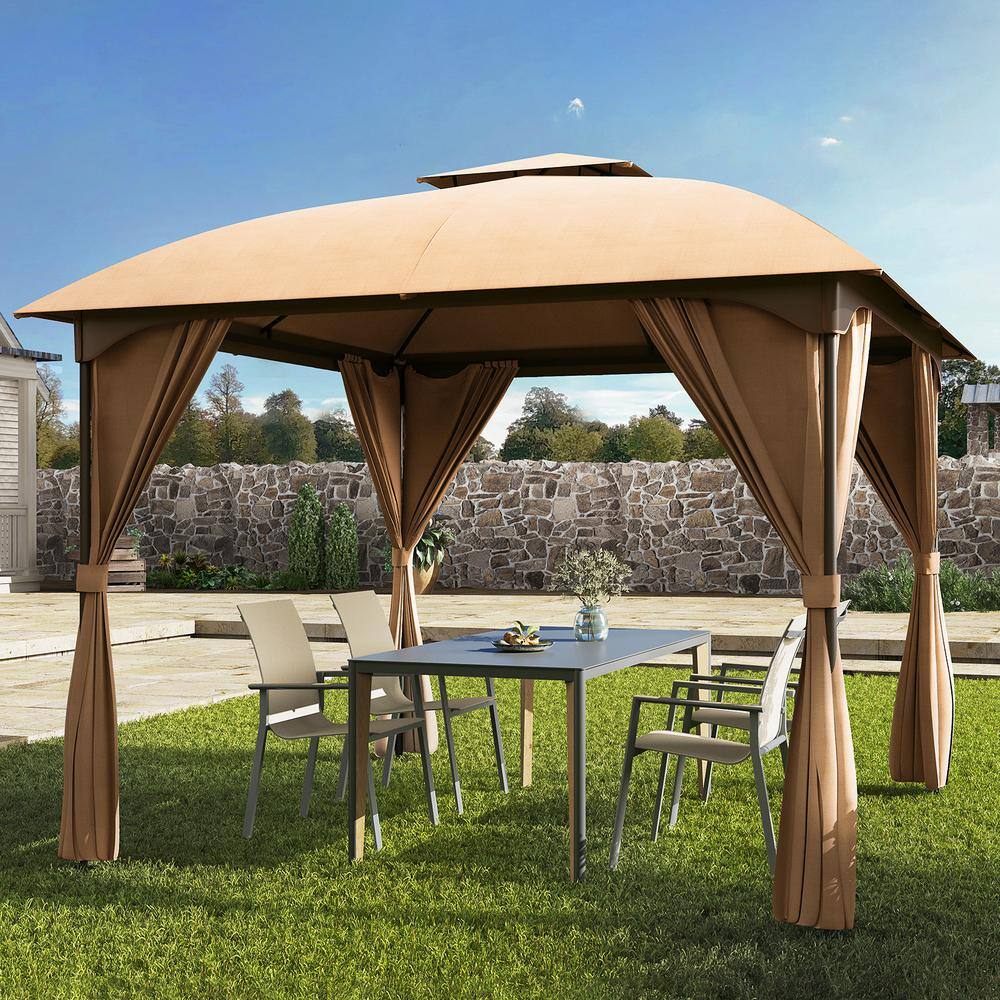 10x10 Khaki Steel Patio Gazebo with Privacy Curtains