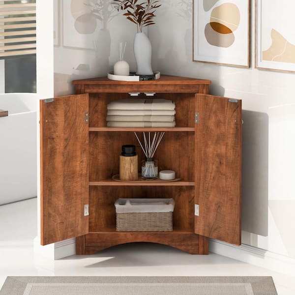 17.2 in. W x 17.2 in. D x 31.5 in. H Brown MDF Board Freestanding Corner Linen Cabinet with Adjustable Shelves in Brown