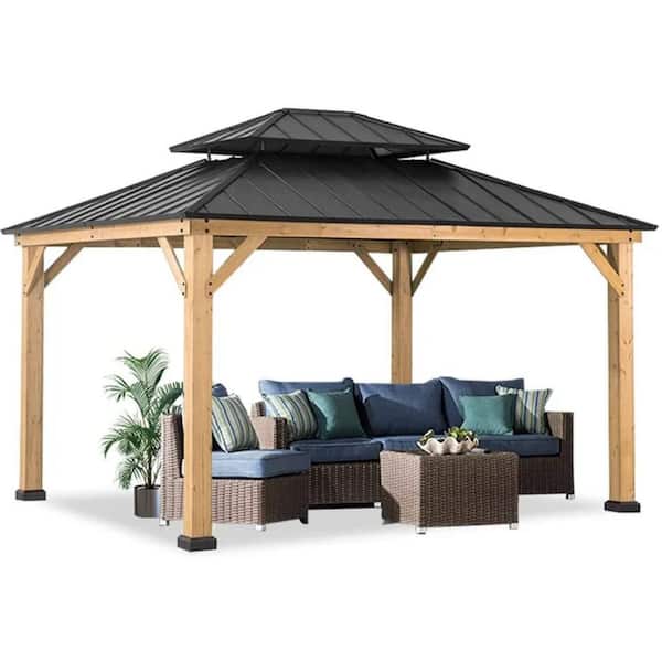 Mondawe 10 ft. x 12 ft. Outdoor Fir Solid Wood Frame Patio Gazebo Canopy Shelter with Galvanized Steel Hardtop Roof Pavilion