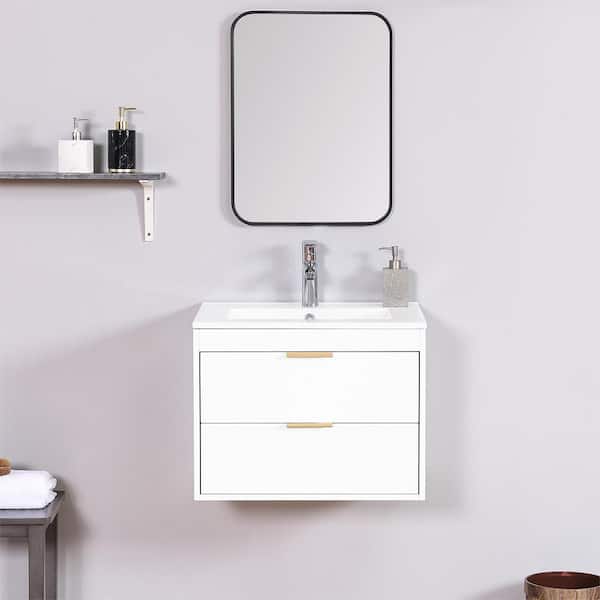 Zeus & Ruta 24 in. W x 17.7 in. D x 18.7 in. H Floating Bath Vanity in White with White Porcelain Single Sink and 2-Drawers