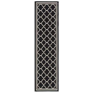 Courtyard Black/Beige Door Mat 2 ft. x 5 ft. Runner Geometric Moroccan Indoor/Outdoor Area Rug