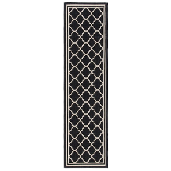 Courtyard Black/Beige Door Mat 2 ft. x 5 ft. Runner Geometric Moroccan Indoor/Outdoor Area Rug