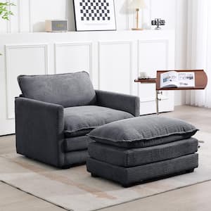 Modern Dark Grey Corduroy Accent Armchair with Ottoman for Living