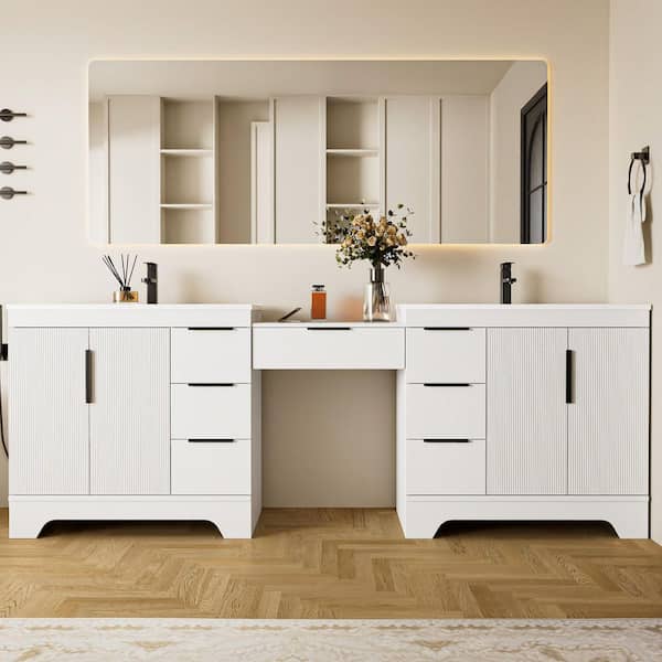 96 in. W. x 18 in. D x 33.5 in. H Double Sink Freestanding White Bath Vanity with White Integrated Composite Resin Top