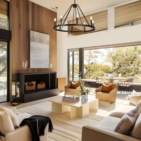 Industrial 32.5 in. W 8-Light Matte Black Wagon Wheel Chandelier for Living Room, Farmhouse Round Hanging Pendant Light